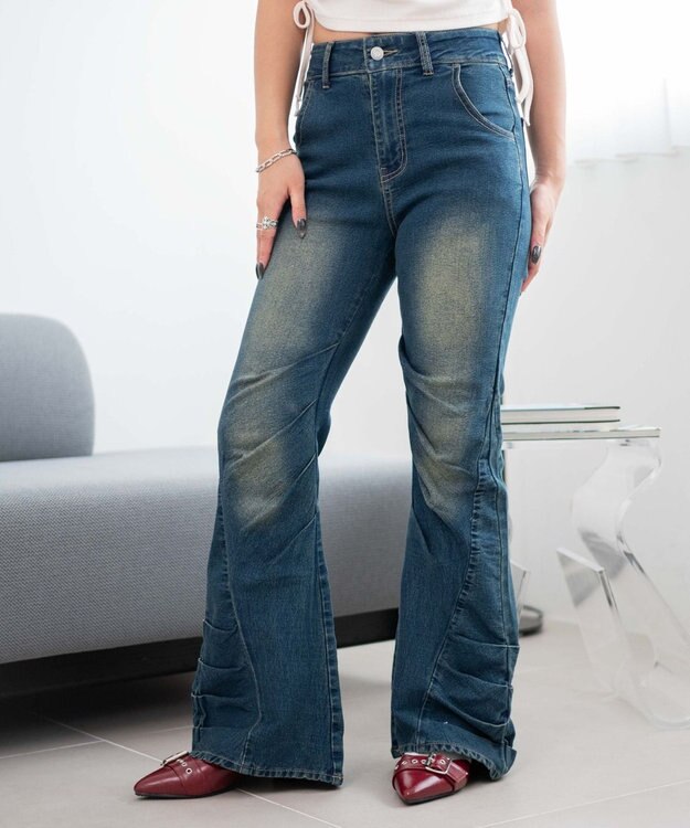 WEGO ギャザーデニムフレアパンツ デニム中濃加工色