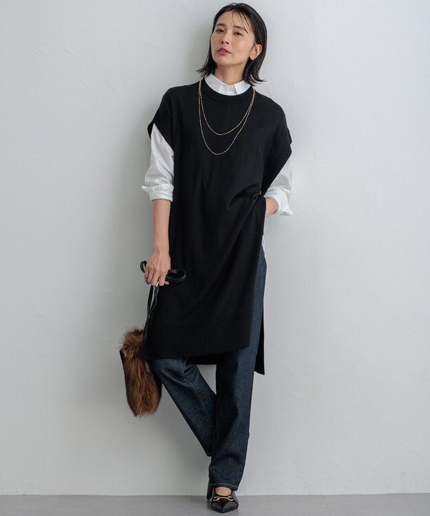 23区 L 【洗える】コンパクトウール ロングベスト ブラック系