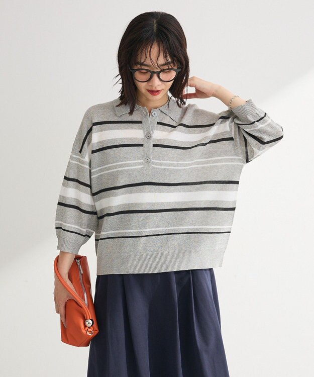 Green Parks 衿付き７分袖ニットプルオーバー Gray Mixture