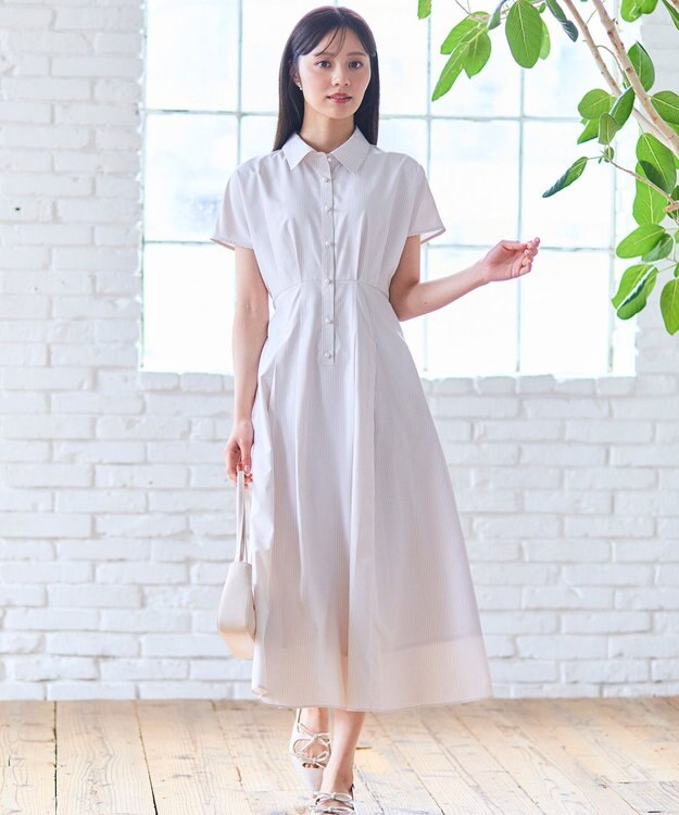 Feroux 【洗える】パールボタンストライプ シャツワンピース ベージュ系1