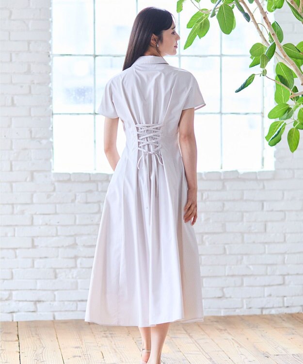 Feroux 【洗える】パールボタンストライプ シャツワンピース ベージュ系1