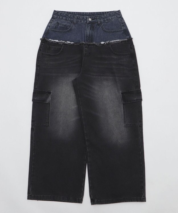 WEGO 【ユニセックス着用ITEM?MLサイズ展開】ダブルウエストカーゴデニムパンツ デニムブラックソノタ