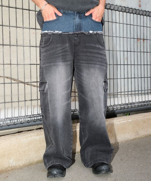 WEGO 【ユニセックス着用ITEM?MLサイズ展開】ダブルウエストカーゴデニムパンツ デニムブラックソノタ