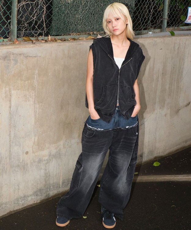 WEGO 【ユニセックス着用ITEM?MLサイズ展開】ダブルウエストカーゴデニムパンツ デニムブラックソノタ