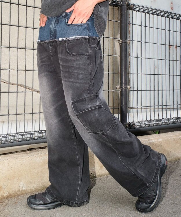 WEGO 【ユニセックス着用ITEM?MLサイズ展開】ダブルウエストカーゴデニムパンツ デニムブラックソノタ