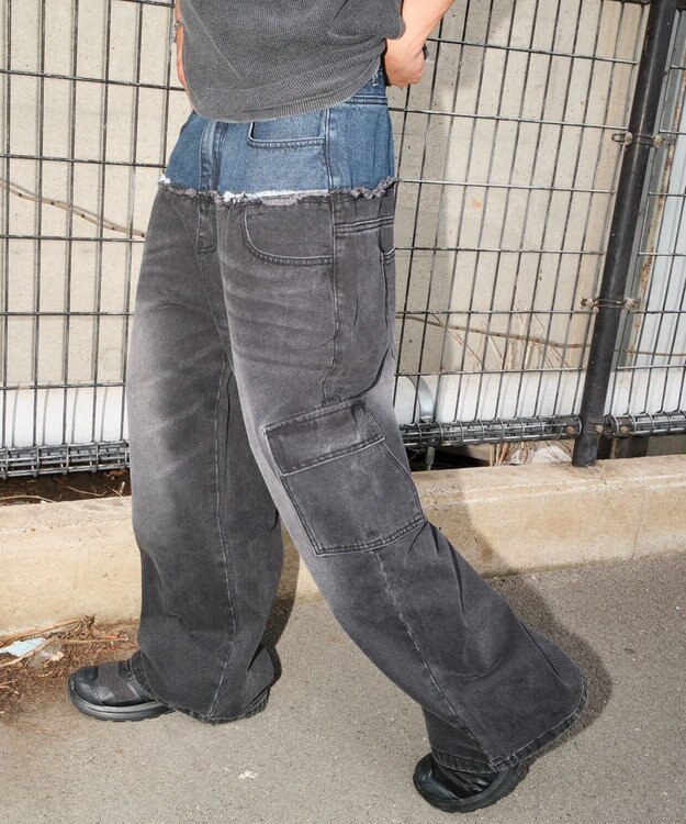 WEGO 【ユニセックス着用ITEM?MLサイズ展開】ダブルウエストカーゴデニムパンツ デニムブラックソノタ