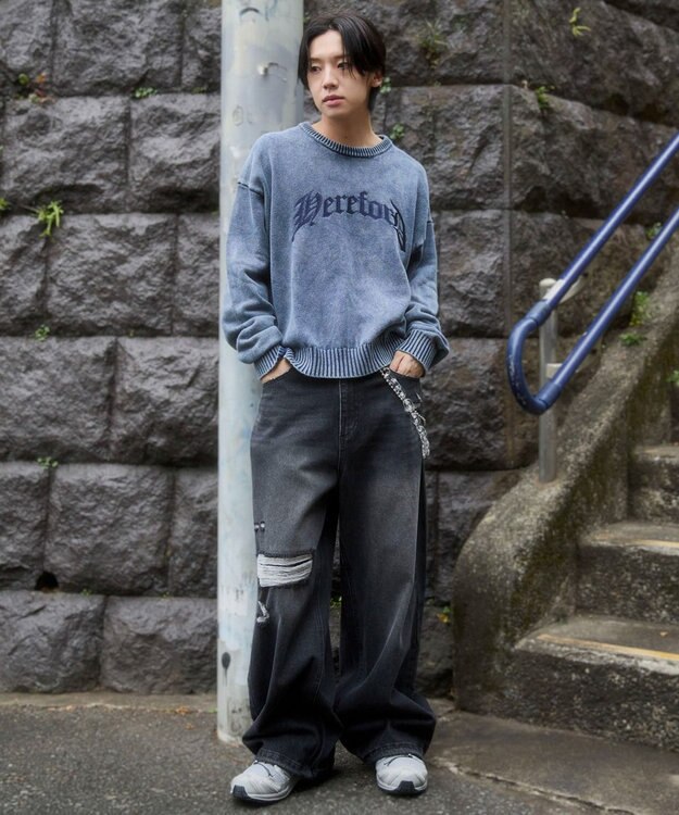 WEGO ブリーチニットグラフィックプルオーバー ネイビー