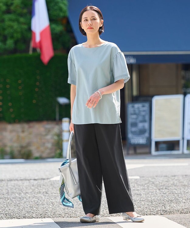 自由区 【WEB限定カラーあり】【UVカット・吸水速乾・洗える】ツイストプレーンラッフルスリーブ カットソー [WEB限定]グレイッシュミント