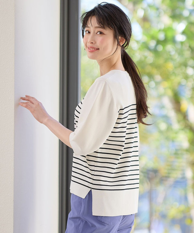 ANY パフスリーブニットプルオーバー オフ×ネイビー