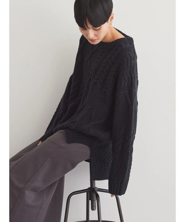 AMERICAN HOLIC パッチワークケーブルニットプルオーバー Black