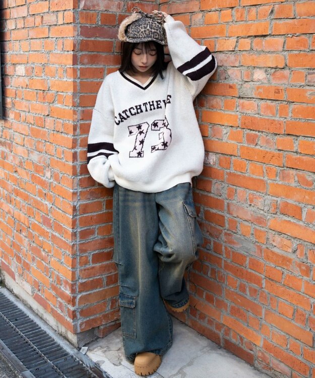 WEGO 【25年秋冬新作】フラッフィーVネックニットBIGプルオーバー ホワイト