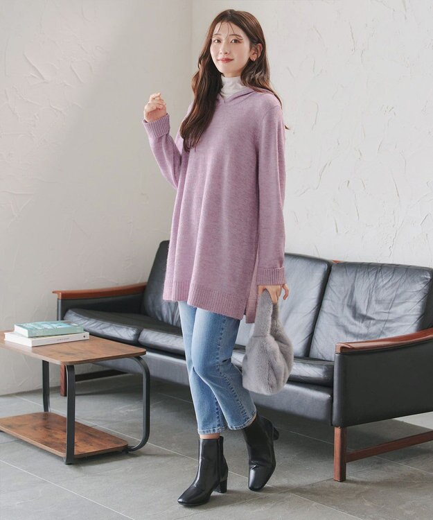 Tiaclasse メランジフーディーニットチュニック ピンク