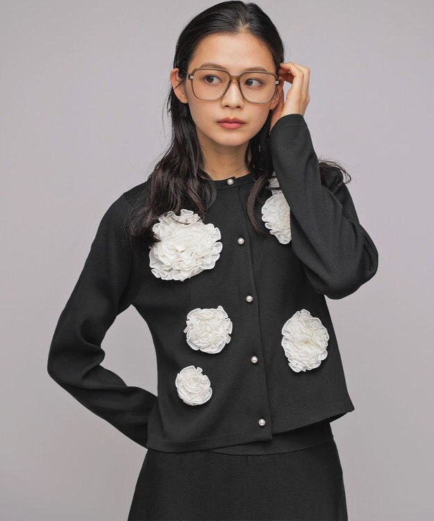 組曲 S 【組曲×setsuko sagittaire】ボンボンフラワーニット カーディガン ブラック系