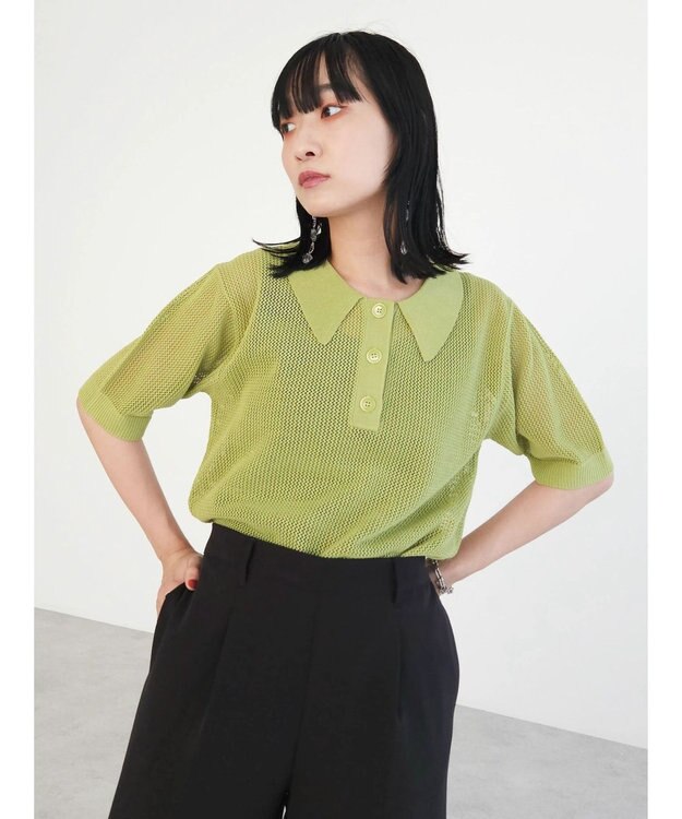 Green Parks メッシュポロ衿ニットプルオーバー Green