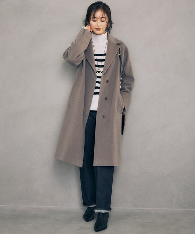 自由区 S 【洗える】ウールカシミヤブレンドハイネック ニット シャンパンベージュ×ブラック