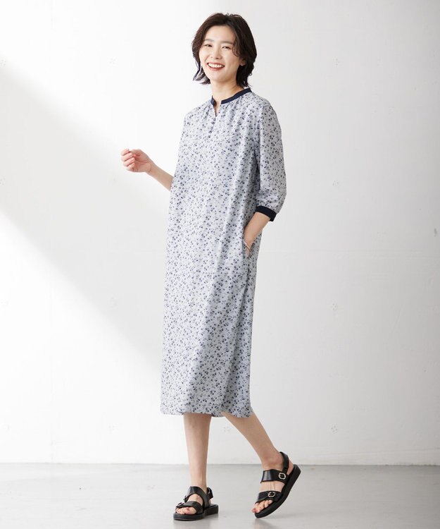 J.PRESS LADIES S 【洗える】 スパンローンフラワー バンドカラー ワンピース サックスブルー系5
