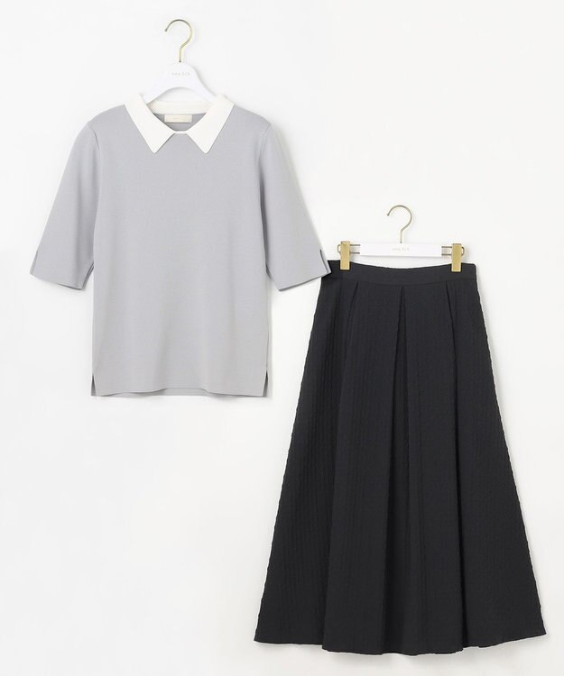 ANY SIS 【好印象企画】襟配色ニット×タックスカートセット グレー×スレート