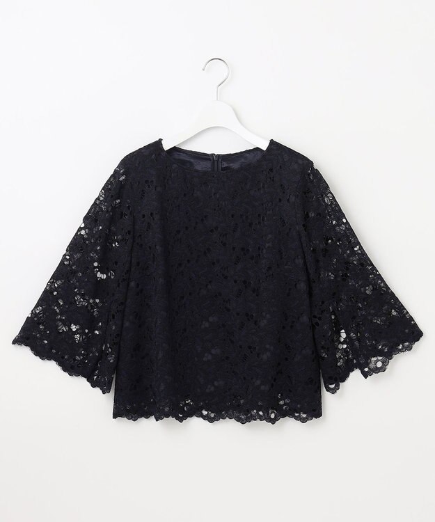 自由区 【セットアップ対応・洗える・XSサイズあり】レースコンビ ブラウス ネイビー系