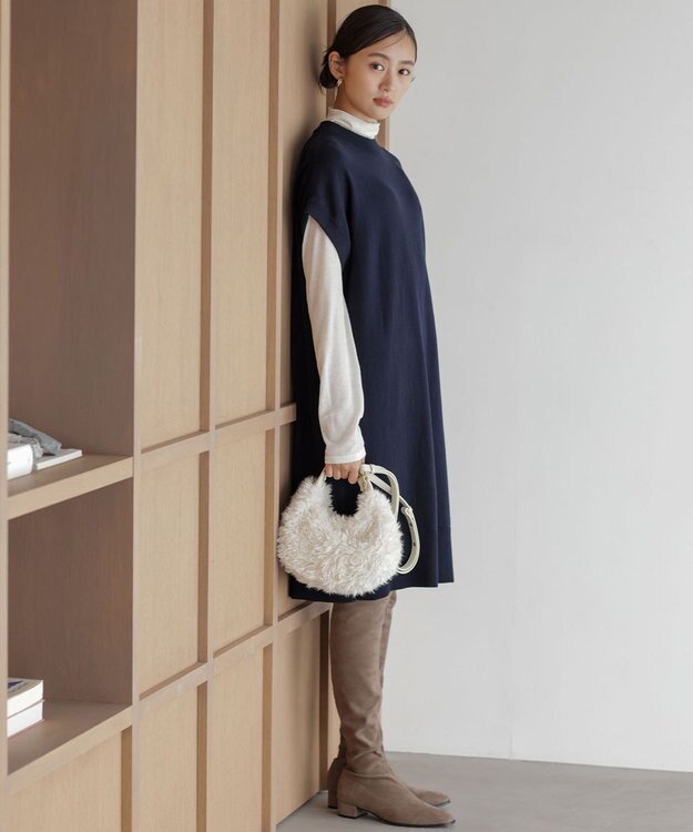 組曲 L コットンカシミヤMIXチュニック丈ニットワンピース ネイビー系
