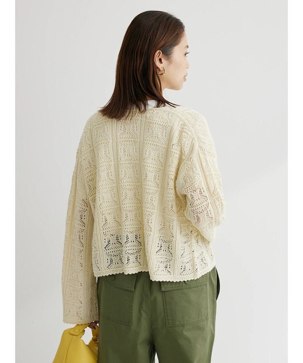 Green Parks 格子柄編みニットカーディガン Ivory