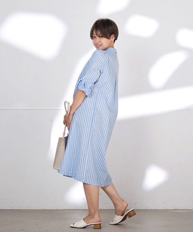 Tiaclasse 【洗える】 麻調Aラインシャツワンピース サックスストライプ