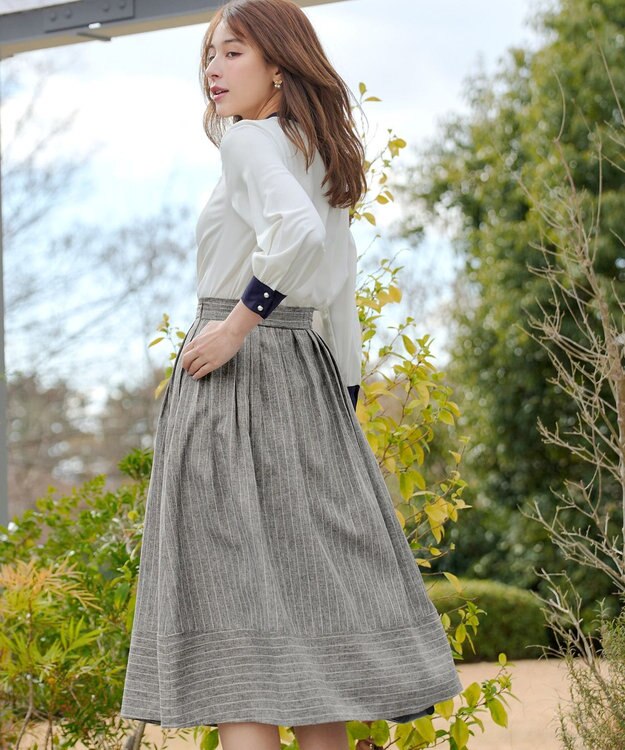 Tiaclasse 【新色追加・選べる丈】麻調タックフレアスカート ミモレ丈グレーストライプ