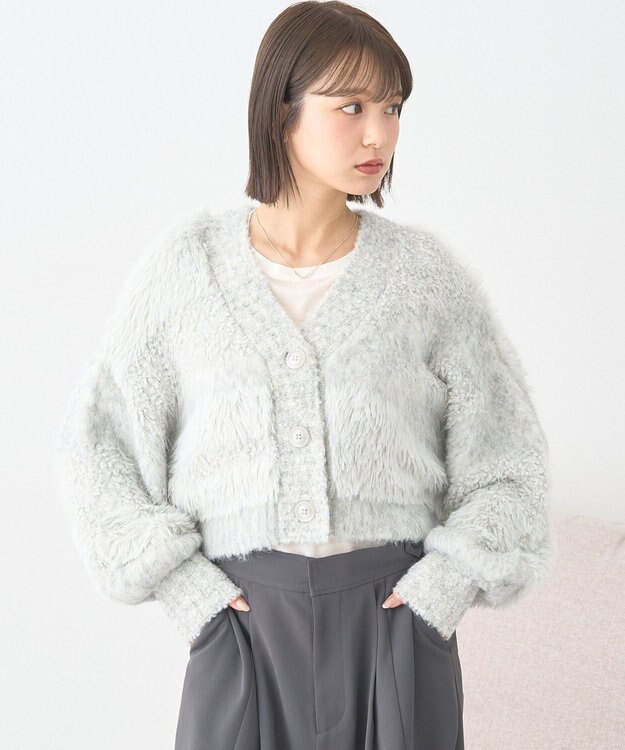 earth music&ecology ポンポンヤーンミックスインターシャカーディガン Light Gray