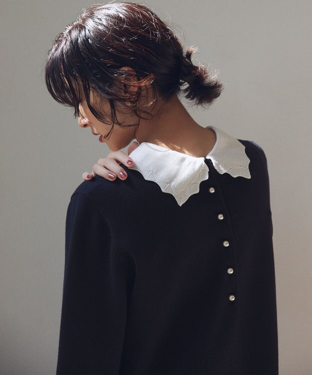 組曲 L レースライク襟付きニットワンピース ネイビー系