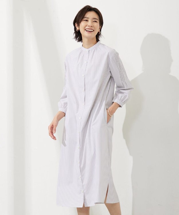 J.PRESS LADIES L 【WEB限定カラーあり・洗える・接触冷感・UVカット・イージーケア】 エステネージュストライプ ワンピース ライトグレー系1