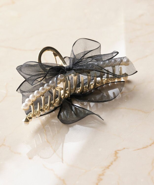 Phoebe オーガンジーリボンパールバンスクリップ ブラック
