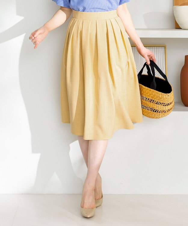 Tiaclasse 【洗える】体型カバーも叶う麻調フレアタックスカート イエロー