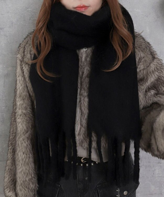 WEGO 【マフラー/ユニセックス着用】ワイドフリンジストール ブラック