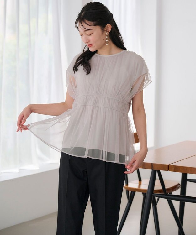 ANY SIS 【洗える】チュールペプラム ブラウス ライトグレー系