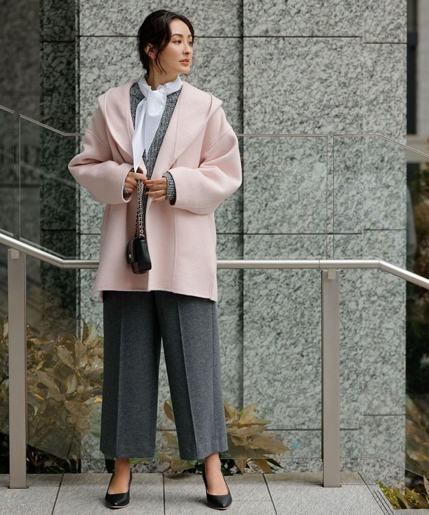 UNFILO 【撥水】ウール混リバー フーデットコート ピンク系