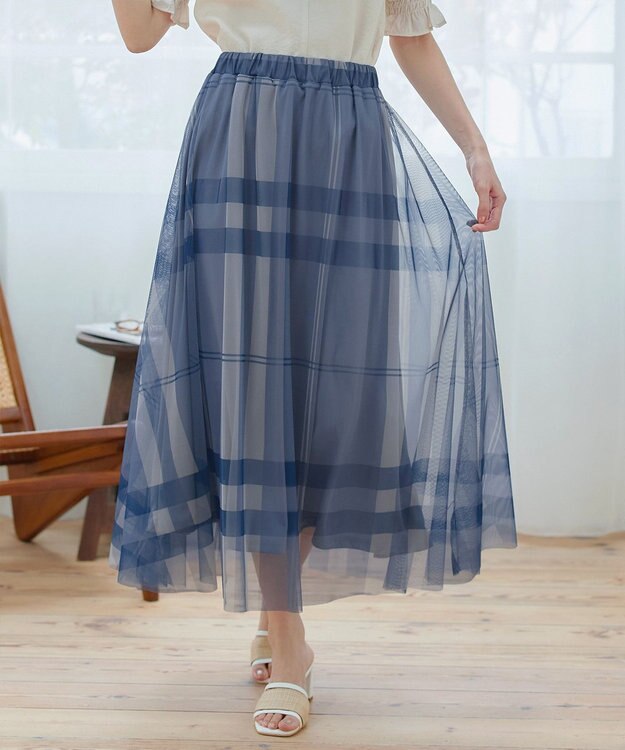 Tiaclasse 【小倉優子さん着用】チュールレースチェックスカート ブルー