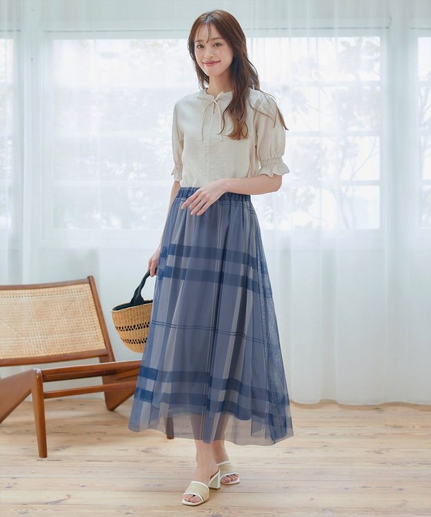 Tiaclasse 【小倉優子さん着用】チュールレースチェックスカート ブルー