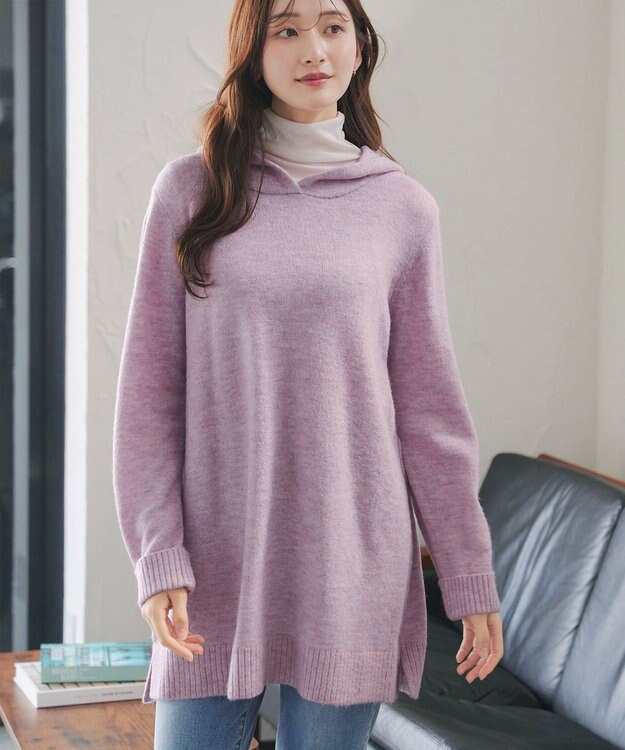 Tiaclasse メランジフーディーニットチュニック ピンク