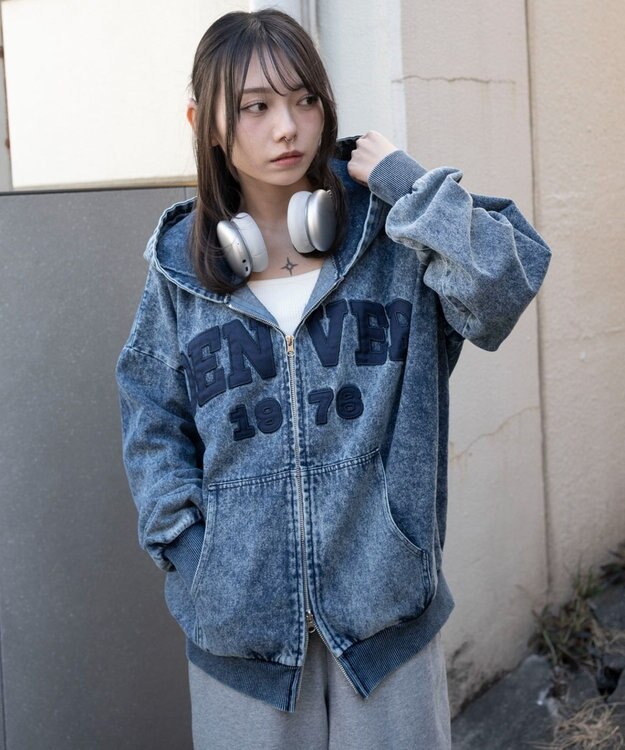 WEGO カレッジロゴBIGZIPパーカー デニム中濃加工色