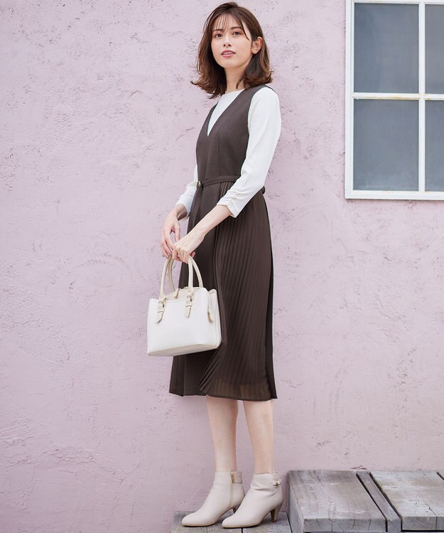 ANY SIS 【美人百花10月号掲載】カットソー×プリーツコンビ ジャンドレ ブラウン×アイボリー