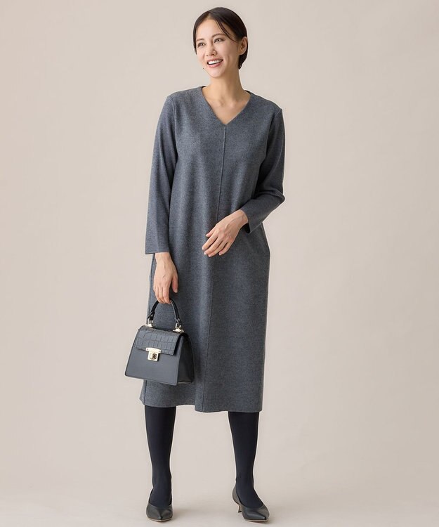 自由区 L ウールニットコンビジャージーVネック ワンピース グレー系