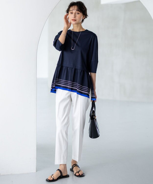 23区 L 【汗じみ防止加工】スカーフプリントコンビ ヘムデザイン チュニック ネイビー×ミッドナイトブルー