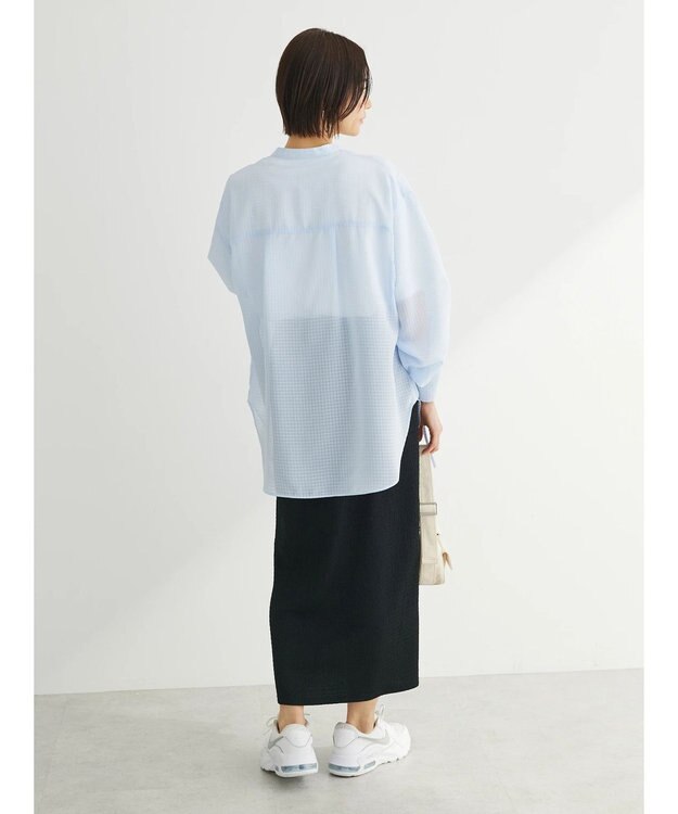 Green Parks シアーチェック袖ドロストシャツチュニック Sax