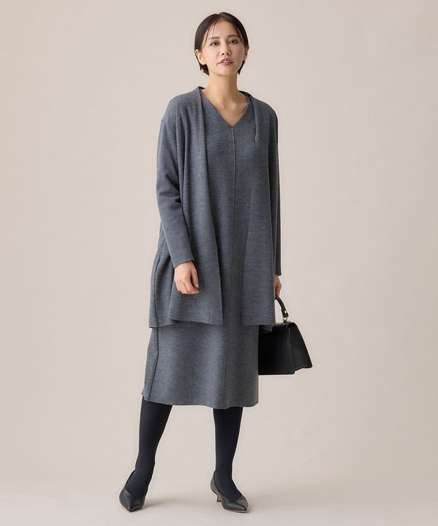 自由区 L ウールニットコンビジャージーVネック ワンピース グレー系