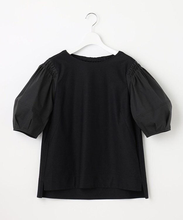 自由区 【洗える】コンビネーションシャーティング パフスリーブ カットソー ブラック系