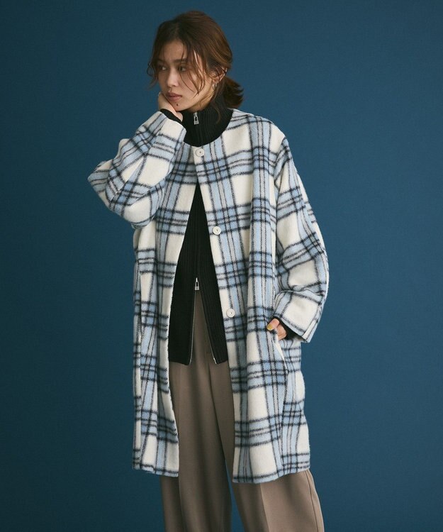 Green Parks シャギーノーカラーコート Blue