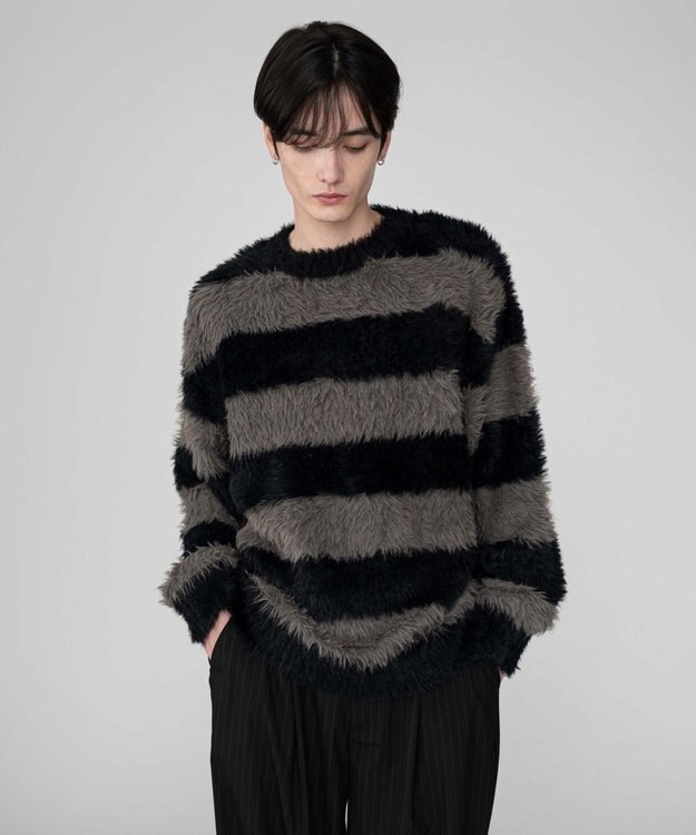 WEGO 【2025秋冬新作/ユニセックス着用ITEM/MLサイズ展開】フェザーニットプルオーバー ブラックボーダー