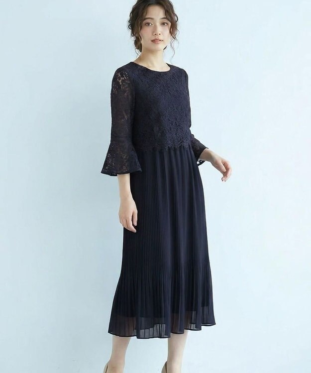 ANY SIS 【Lily Calin】レース×プリーツコンビ ドレス ネイビー
