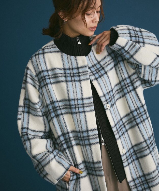 Green Parks シャギーノーカラーコート Blue