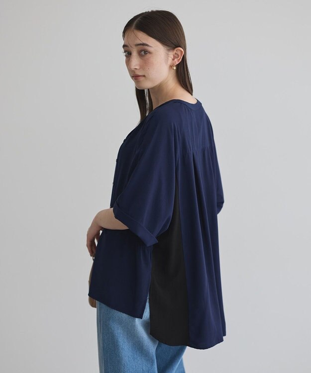 YECCA VECCA ギャザーデザイン配色シャツ Navy