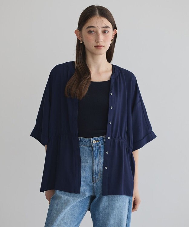 YECCA VECCA ギャザーデザイン配色シャツ Navy